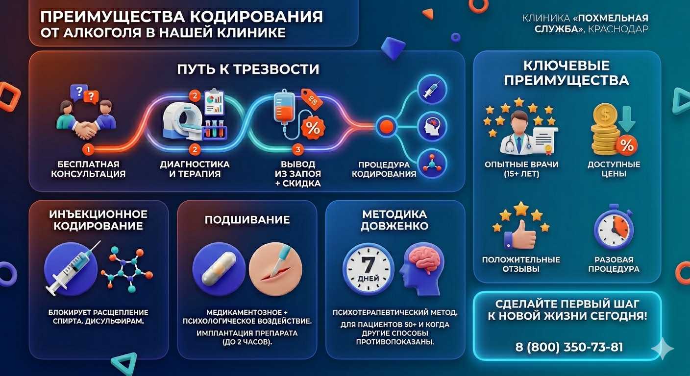 Инфографика о методах кодирования от алкоголя в Харькове: инъекции, подшивание, метод Довженко. Преимущества клиники и этапы лечения.